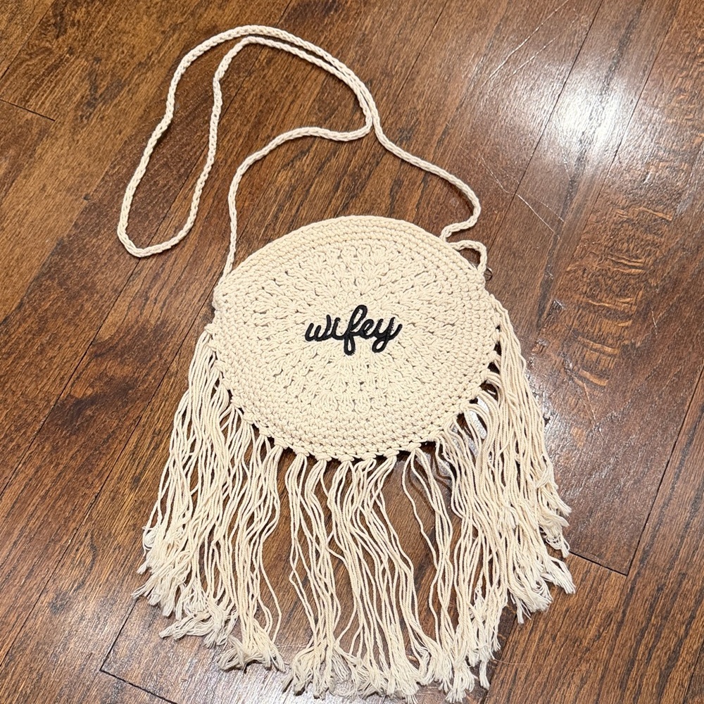 “Wifey” Woven Cream Fringe Crossbody Bag